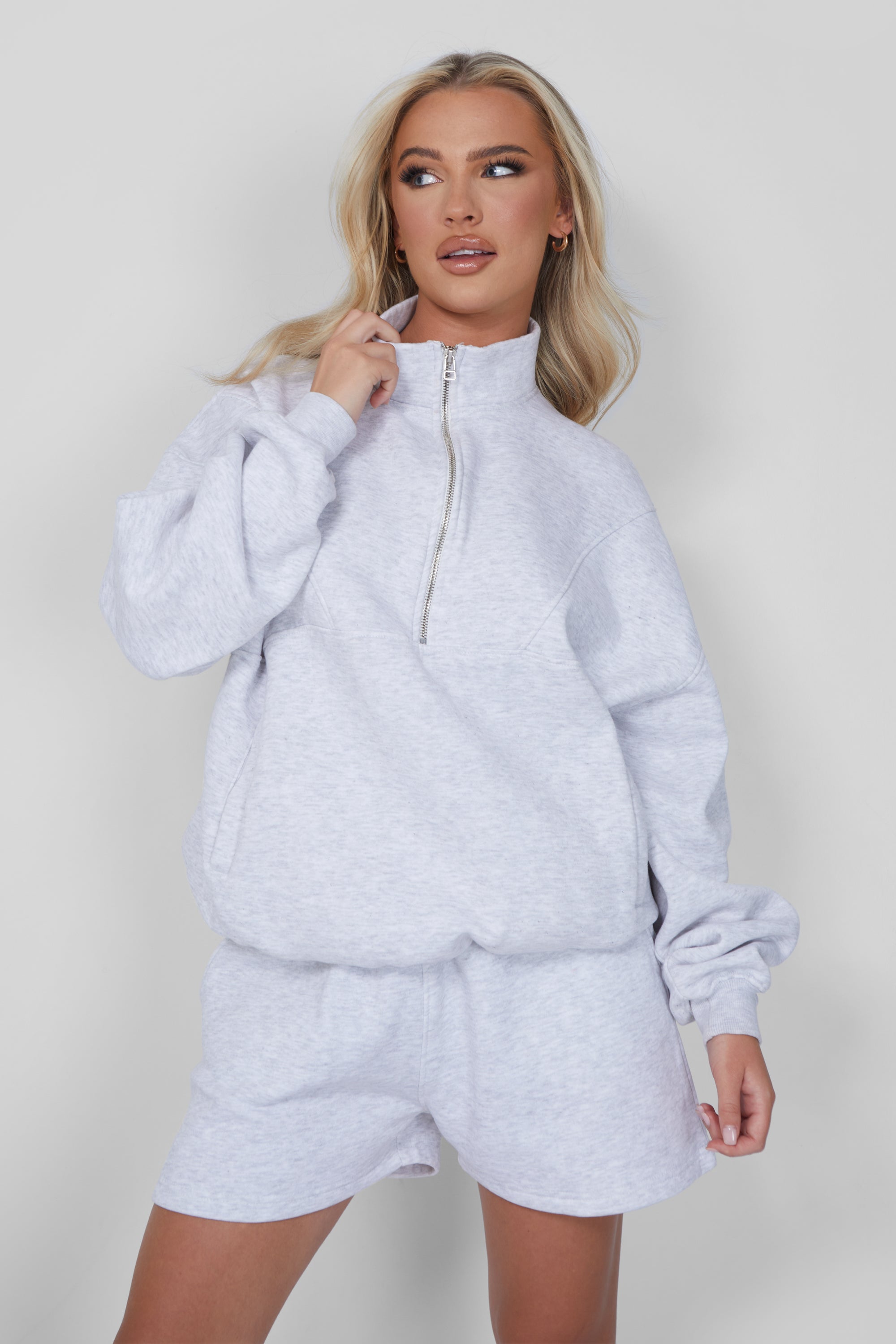 OVERSIZED HALF ZIP PULLOVER POCKET FRONT SWEATSHIRT OATMEAL MARL