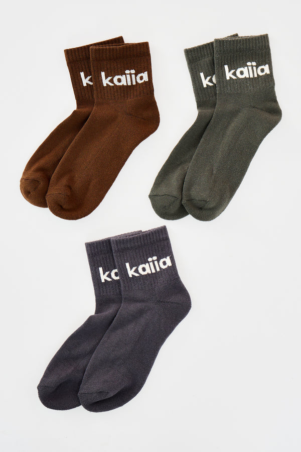 Pack of Three Kaiia Logo Socks Brown, Grey & Green