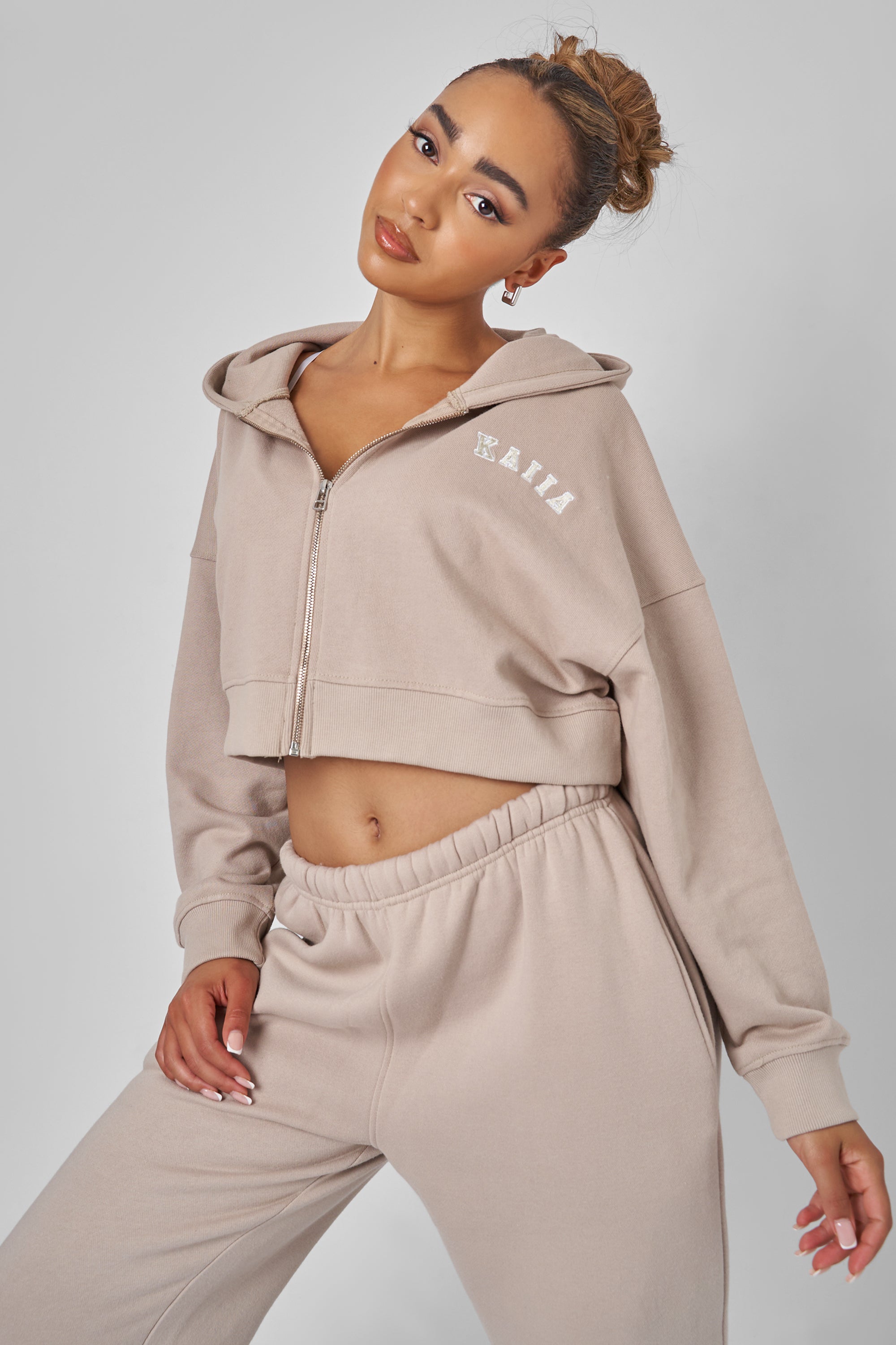 Kaiia Zip Through Cropped Hoodie Stone