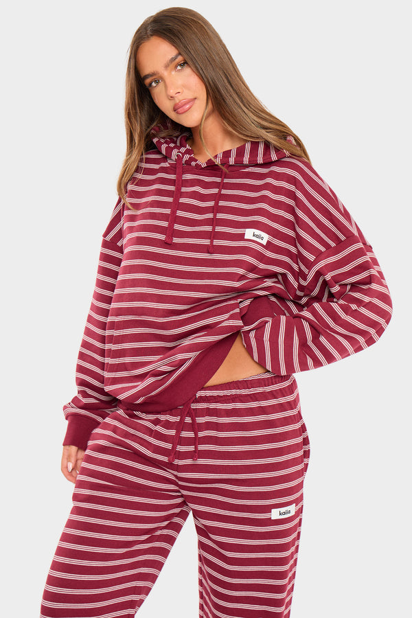 Kaiia Striped Oversized Hoodie Burgundy & Cream
