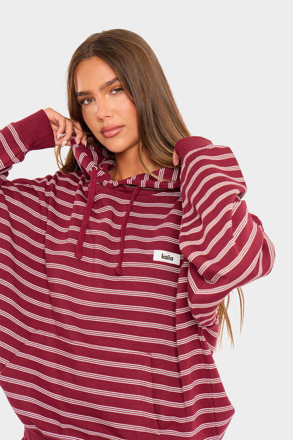 Kaiia Striped Oversized Hoodie Burgundy & Cream