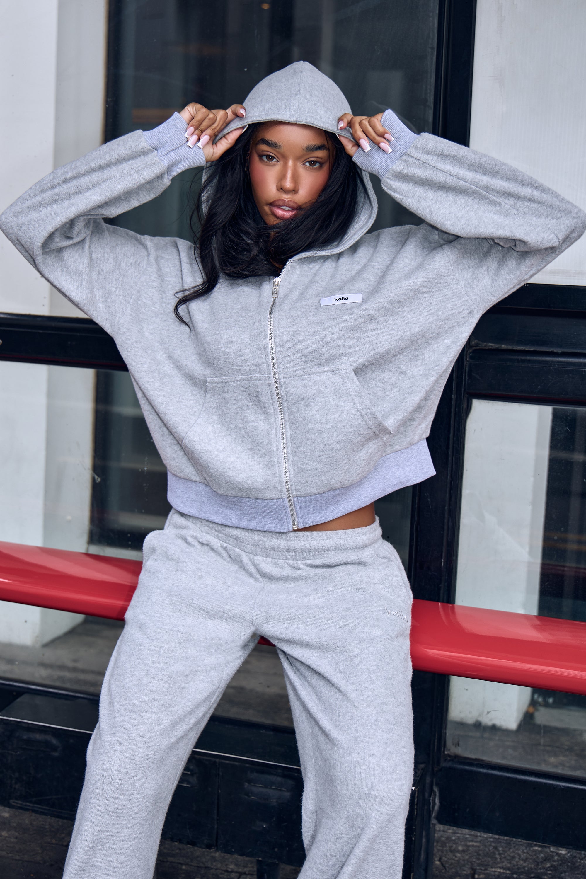 Kaiia Label Logo Supersoft Cropped Zip Through Hoodie Grey Marl
