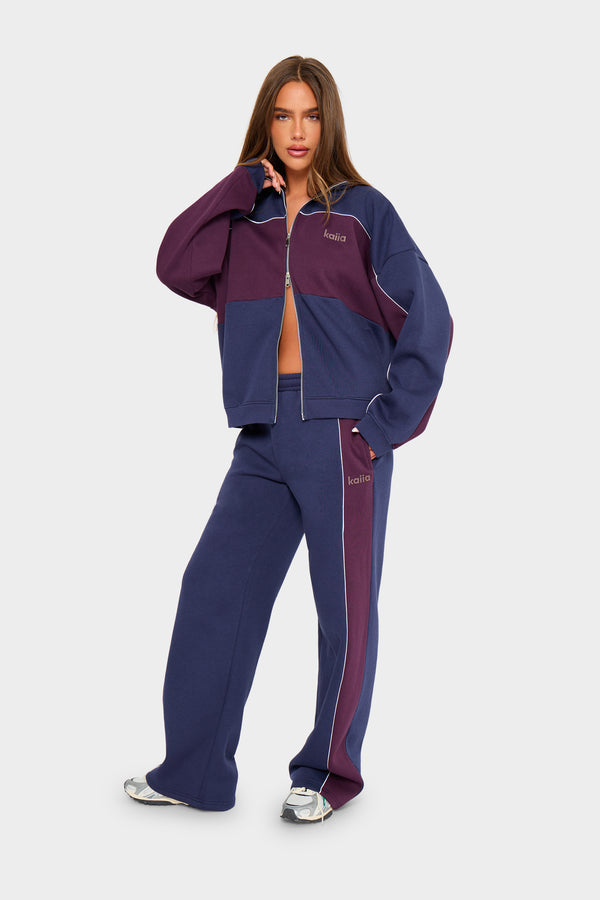 Kaiia Contrast Wide Leg Joggers Navy & Burgundy