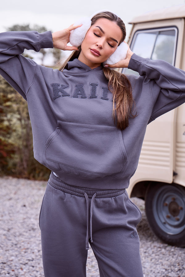 Kaiia Borg Slogan Oversized Hoodie Petrol Grey