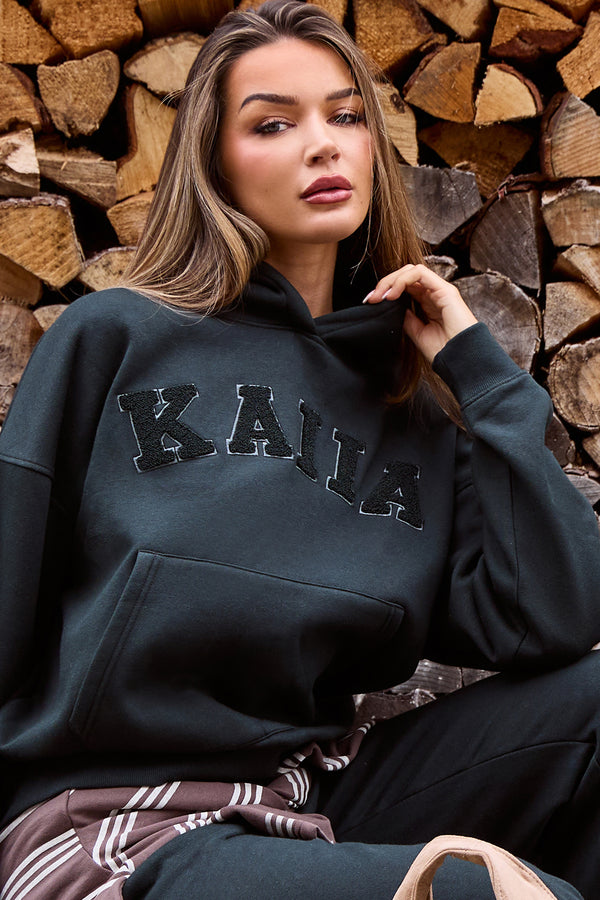 Kaiia Borg Slogan Oversized Hoodie Dark Pine