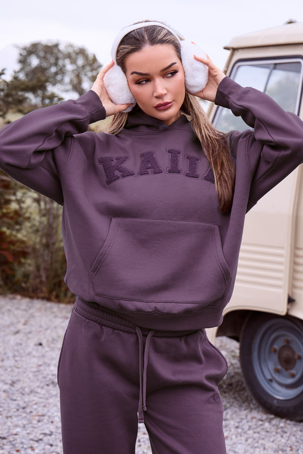Kaiia Borg Slogan Oversized Hoodie Blackcurrant