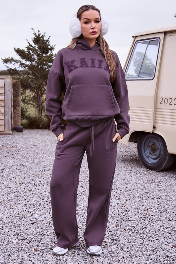 Kaiia Borg Slogan Oversized Hoodie Blackcurrant