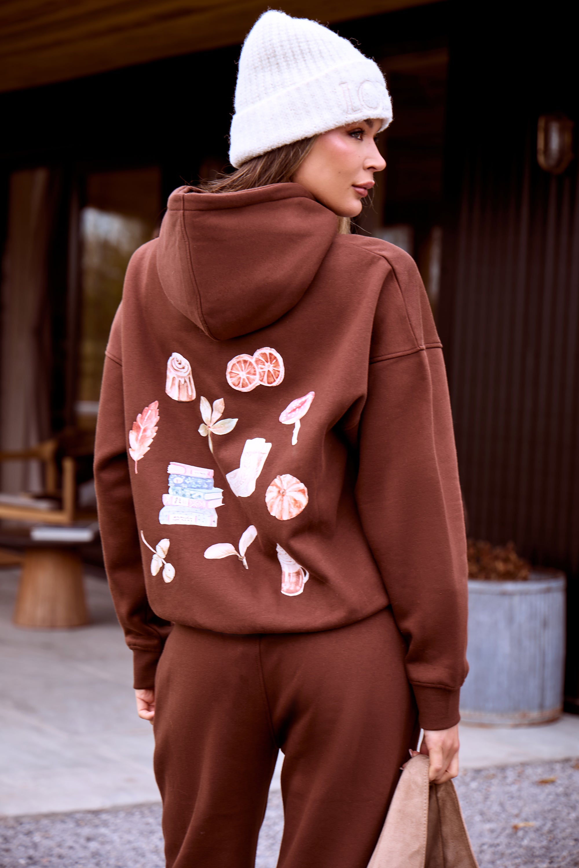 Kaiia Autumnal Back Graphic Oversized Hoodie Fudge