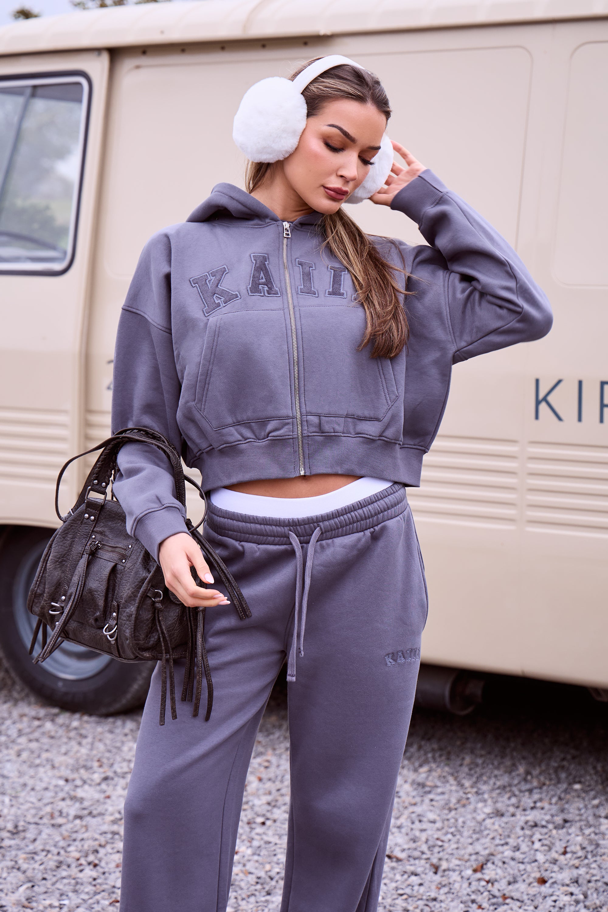 Kaiia Velour Slogan Oversized Zip Through Hoodie Petrol Grey | Kaiia