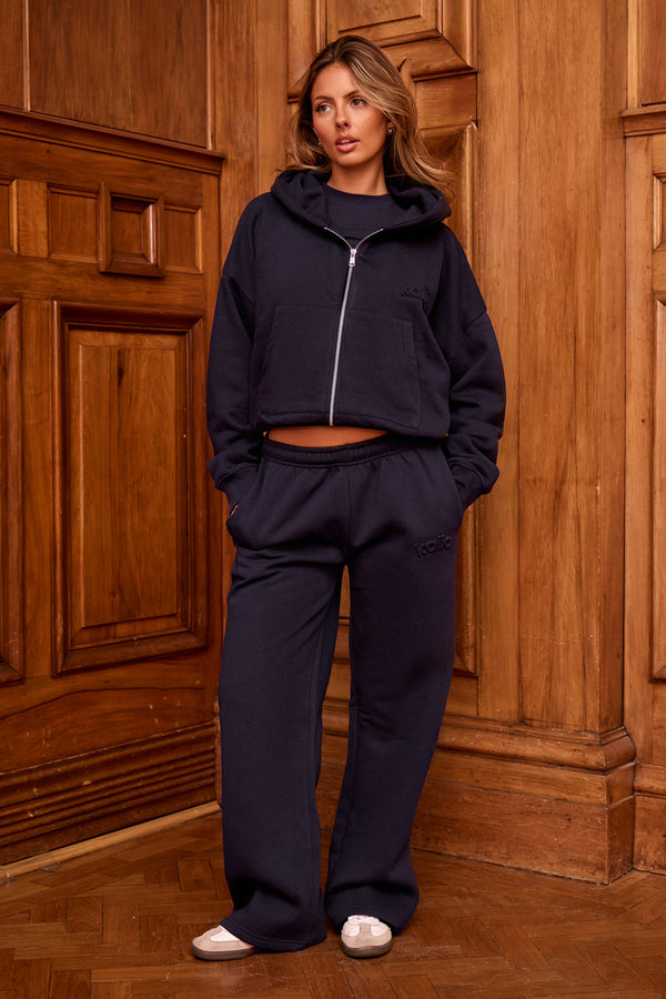 Kaiia Embossed Oversized Zip Through Hoodie Navy