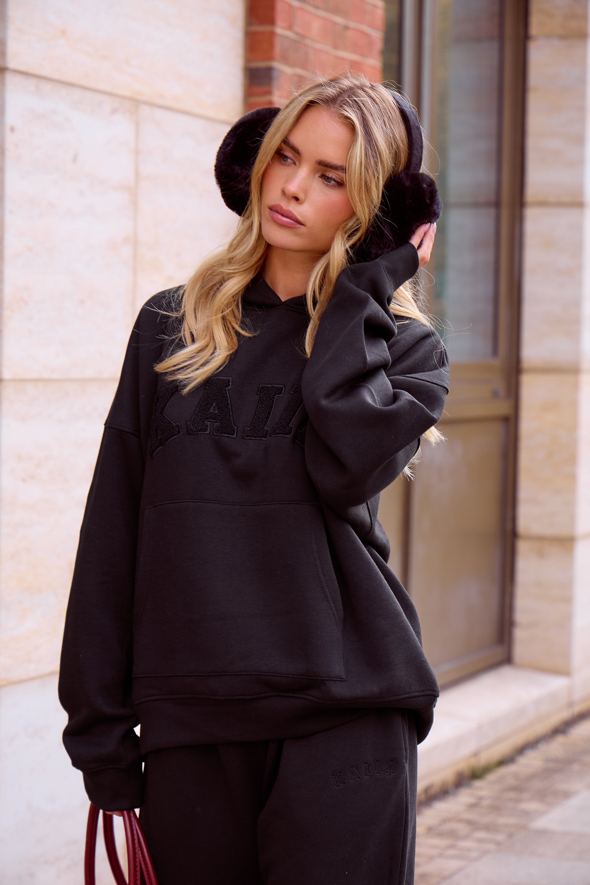 Kaiia Slogan Oversized Hoodie Black On Black | kaiia