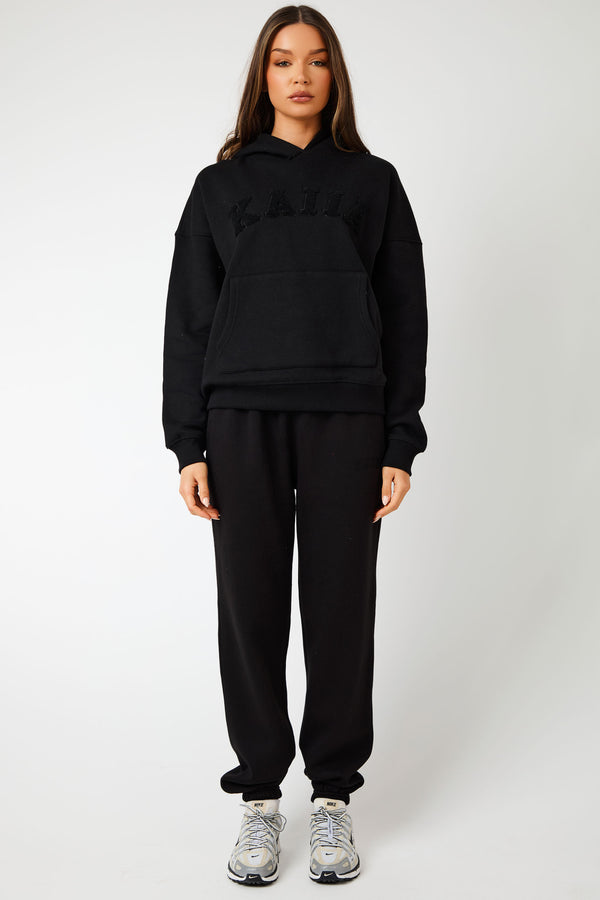 Kaiia Slogan Oversized Hoodie Black on Black