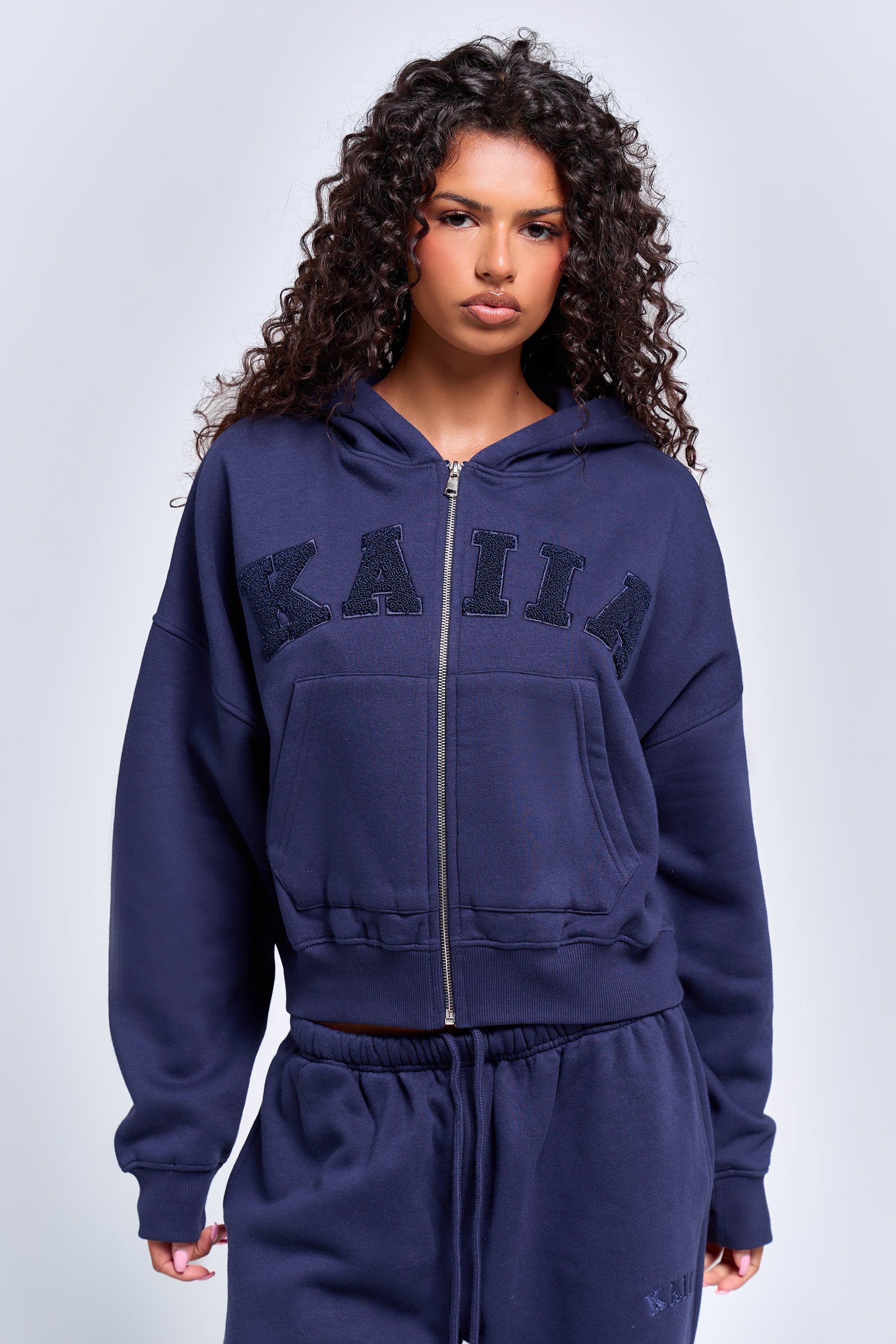 Kaiia Slogan Oversized Zip Through Hoodie Deep Blue | Kaiia