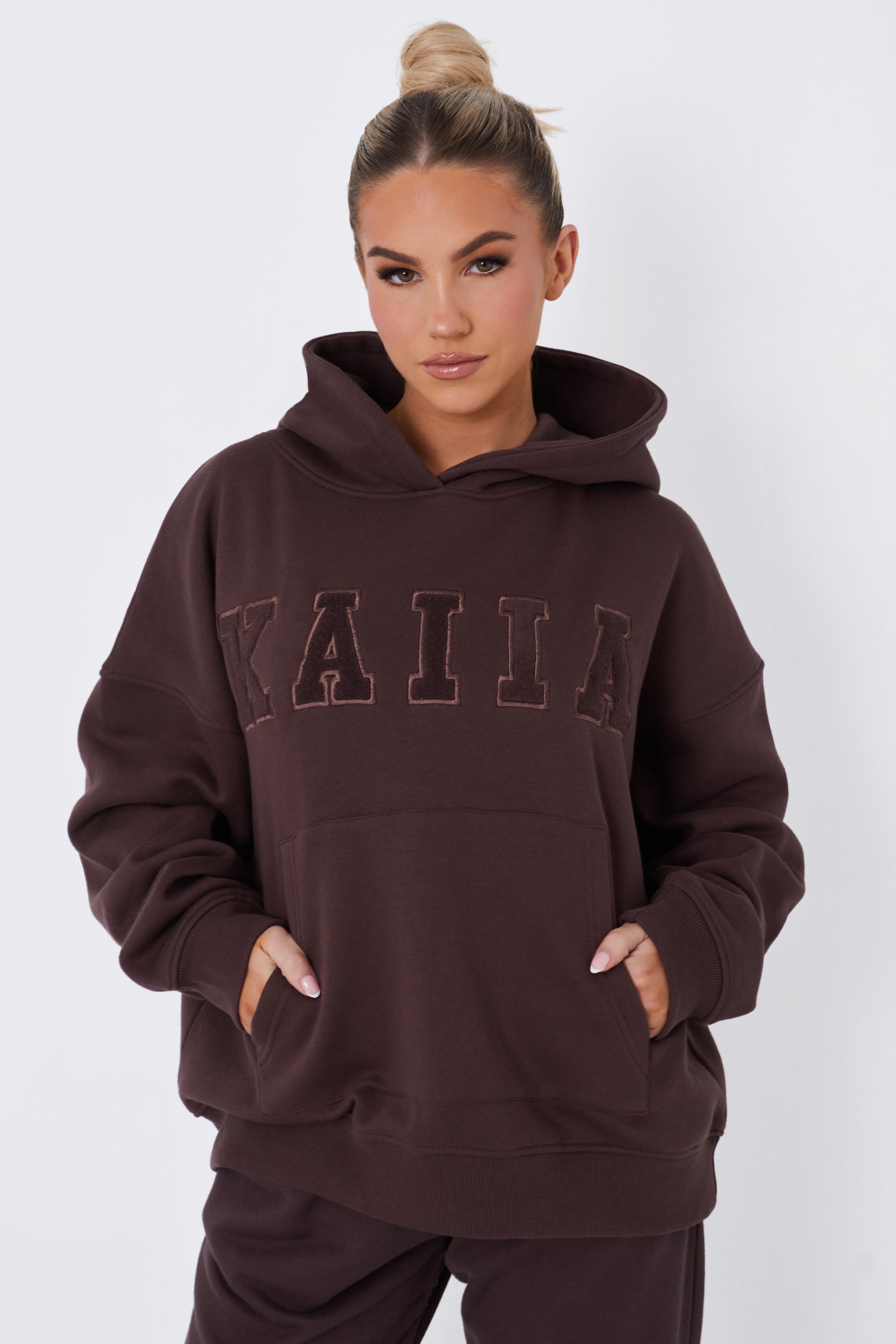 Kaiia Slogan Oversized Hoodie Mocha