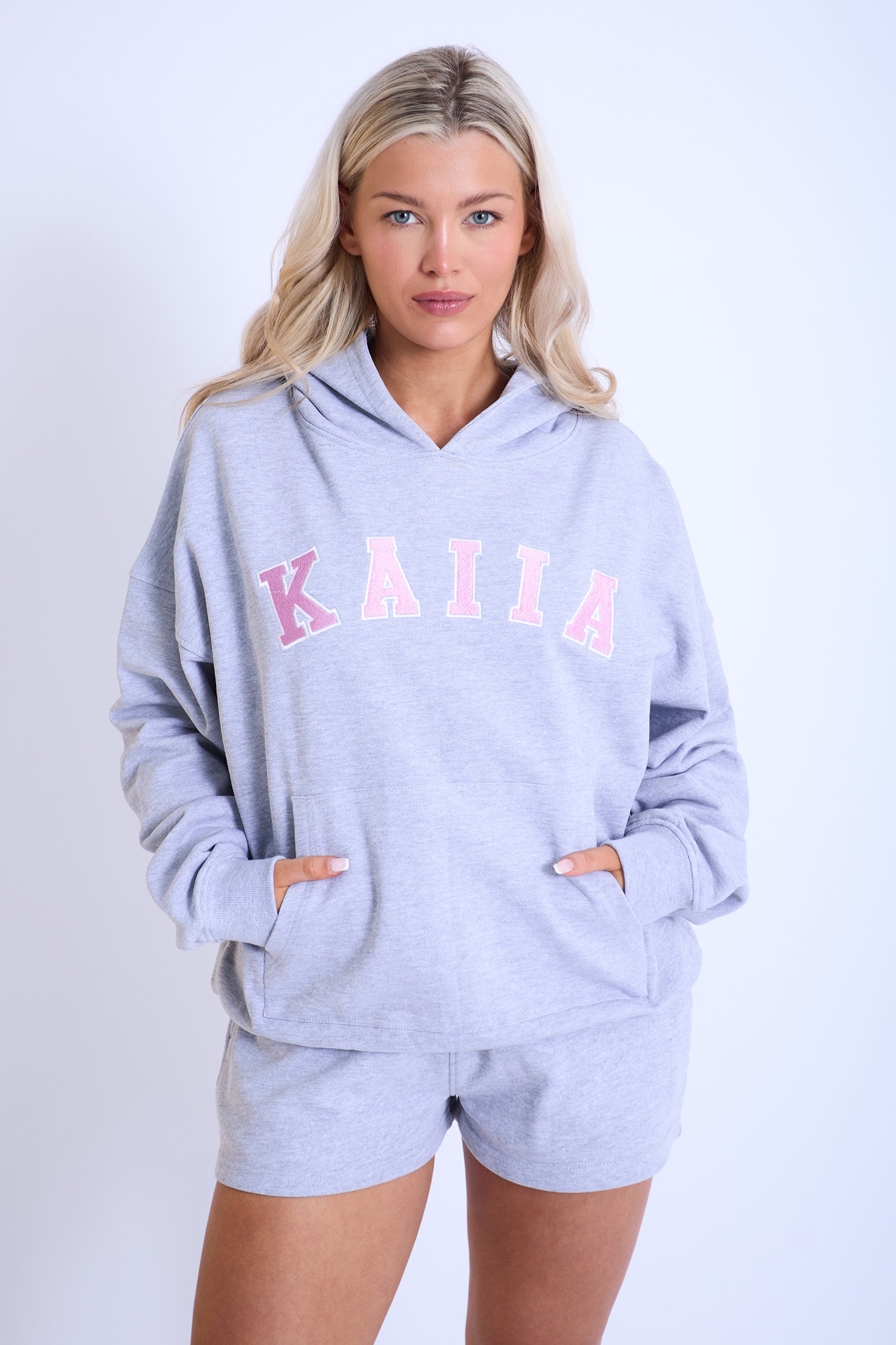 Kaiia Slogan Oversized Hoodie Grey Marl & Pink