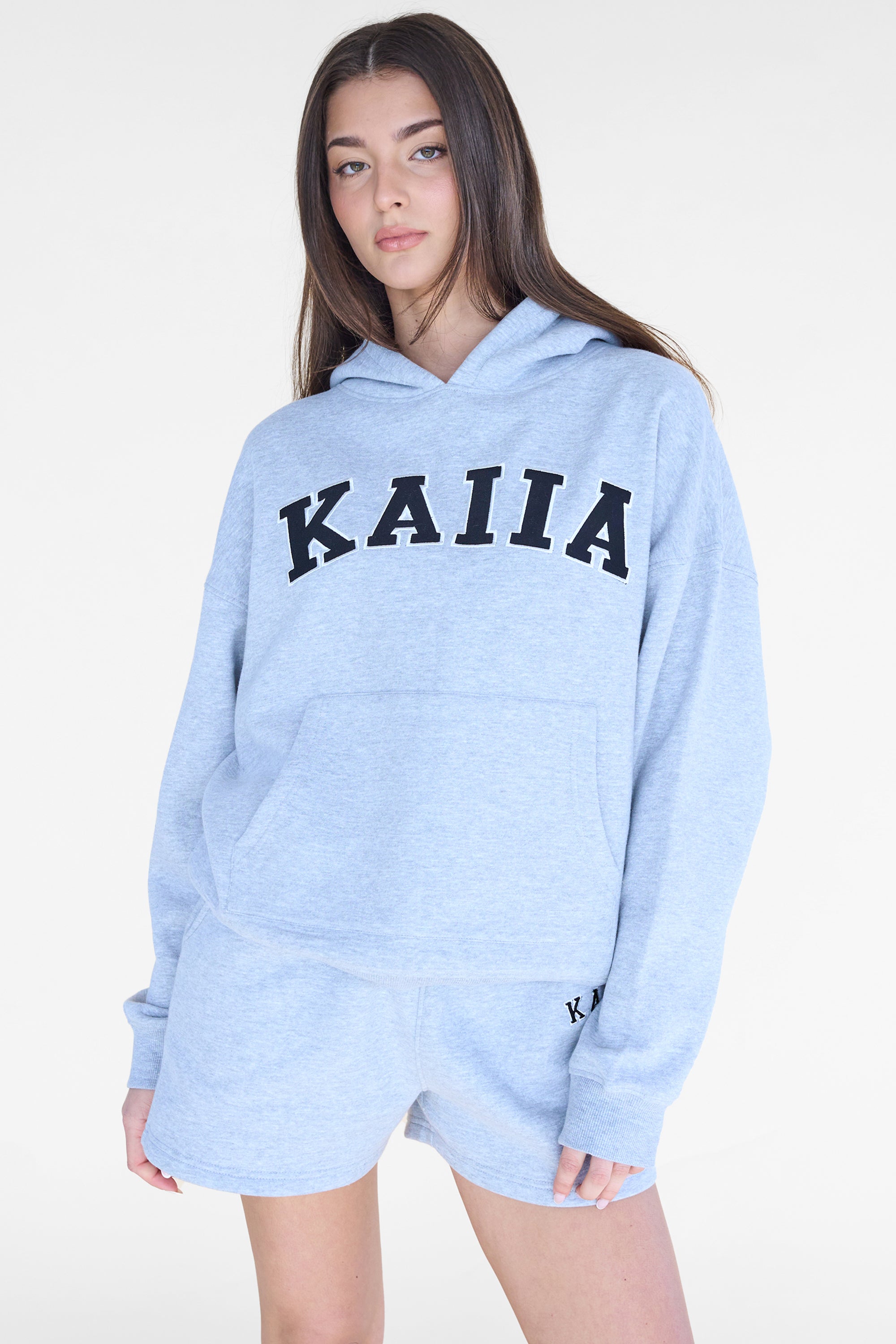 Kaiia Slogan Oversized Hoodie Grey Marl & Black