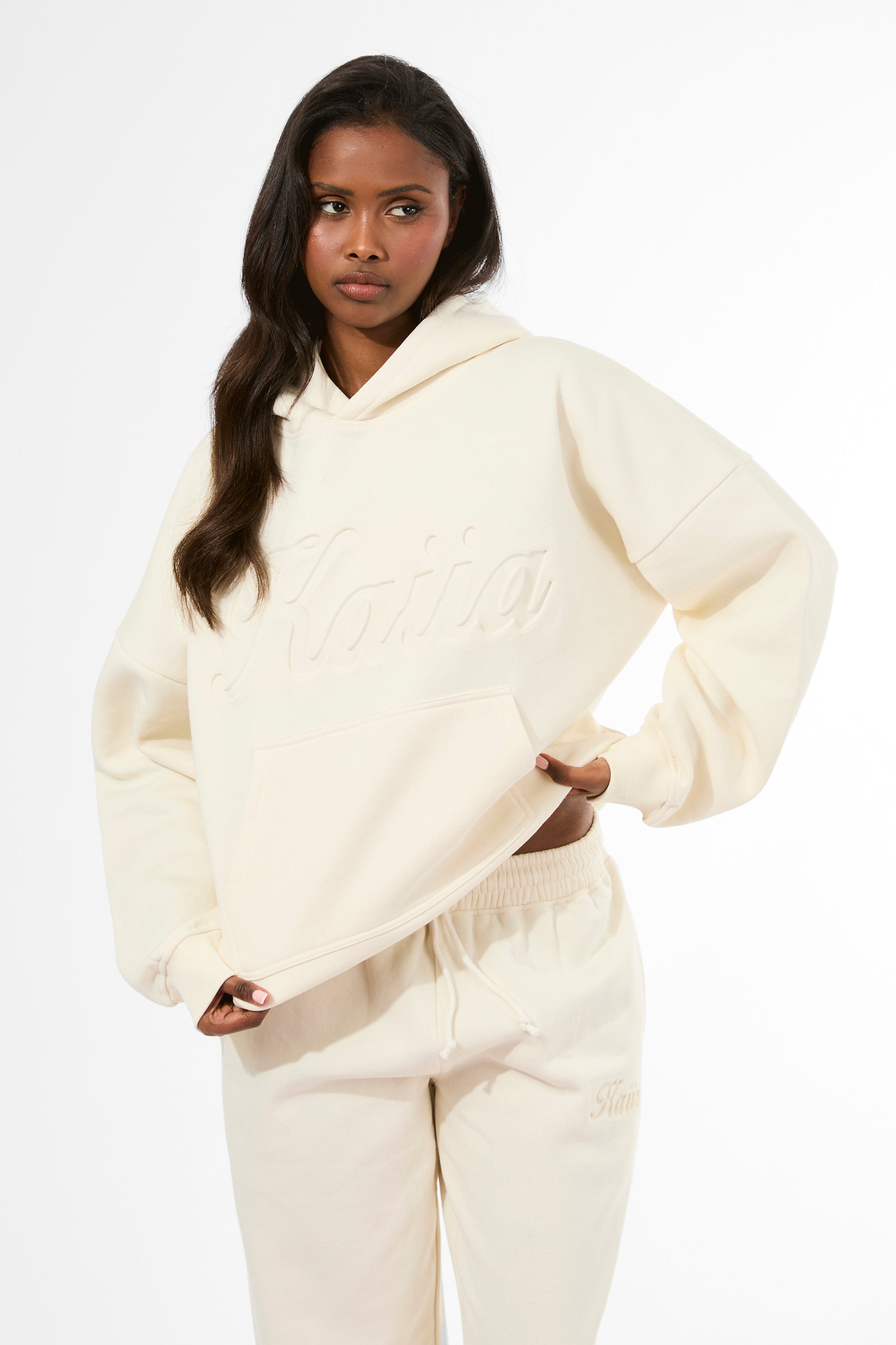Kaiia Embossed Script Logo Oversized Hoodie Marshmallow