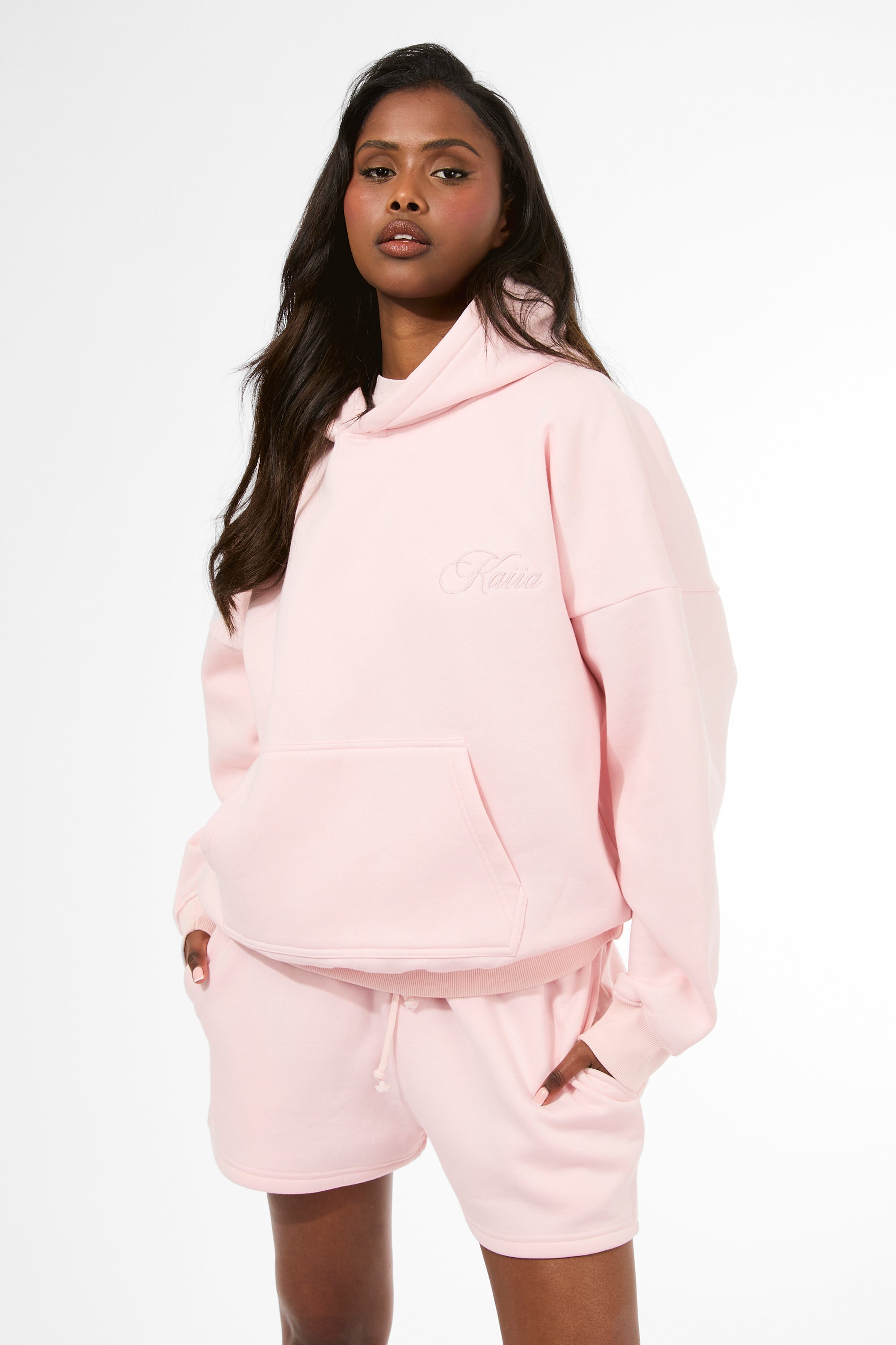 Kaiia Studio Embossed Script Logo Oversized Hoodie Straberry