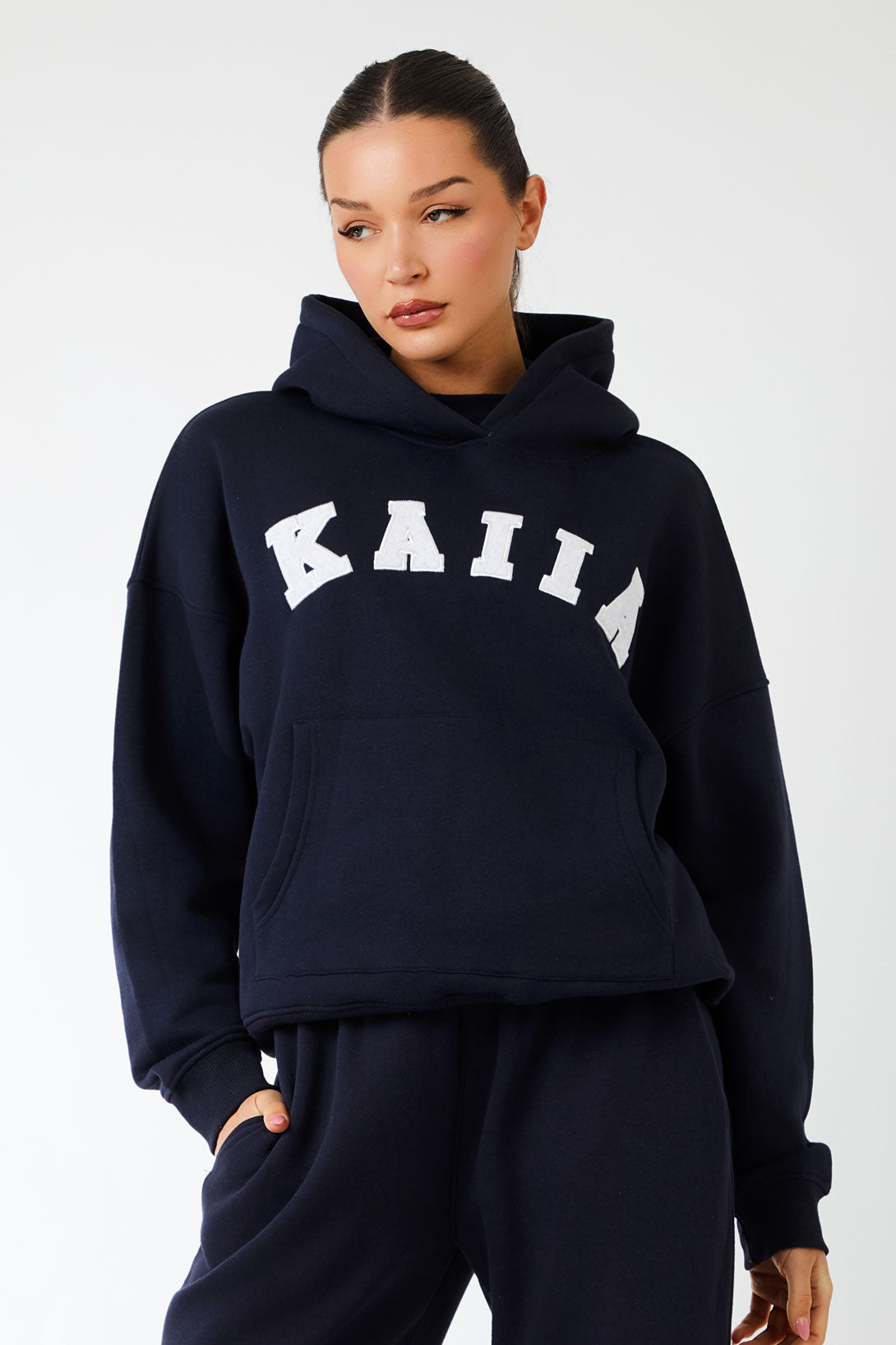 Kaiia Slogan Oversized Hoodie Navy Light Grey Marl Kaiia