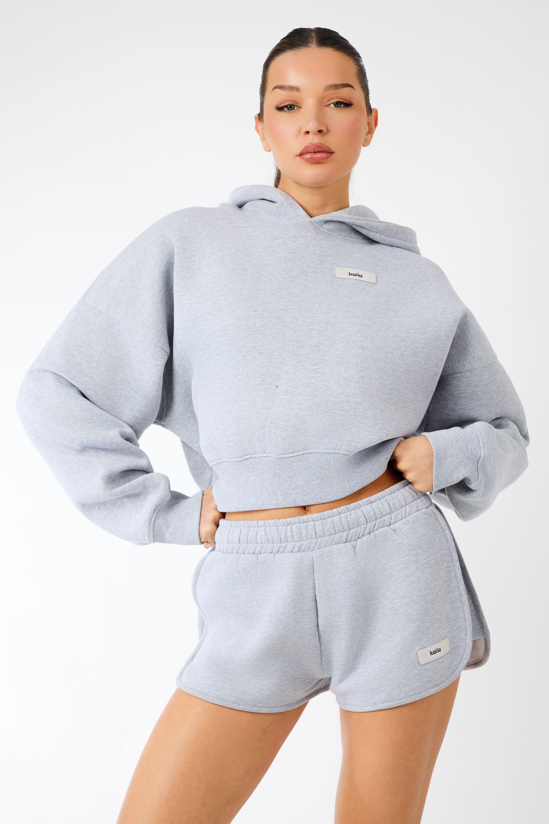 Kaiia Label Logo Cropped Hoodie Grey Marl | Kaiia
