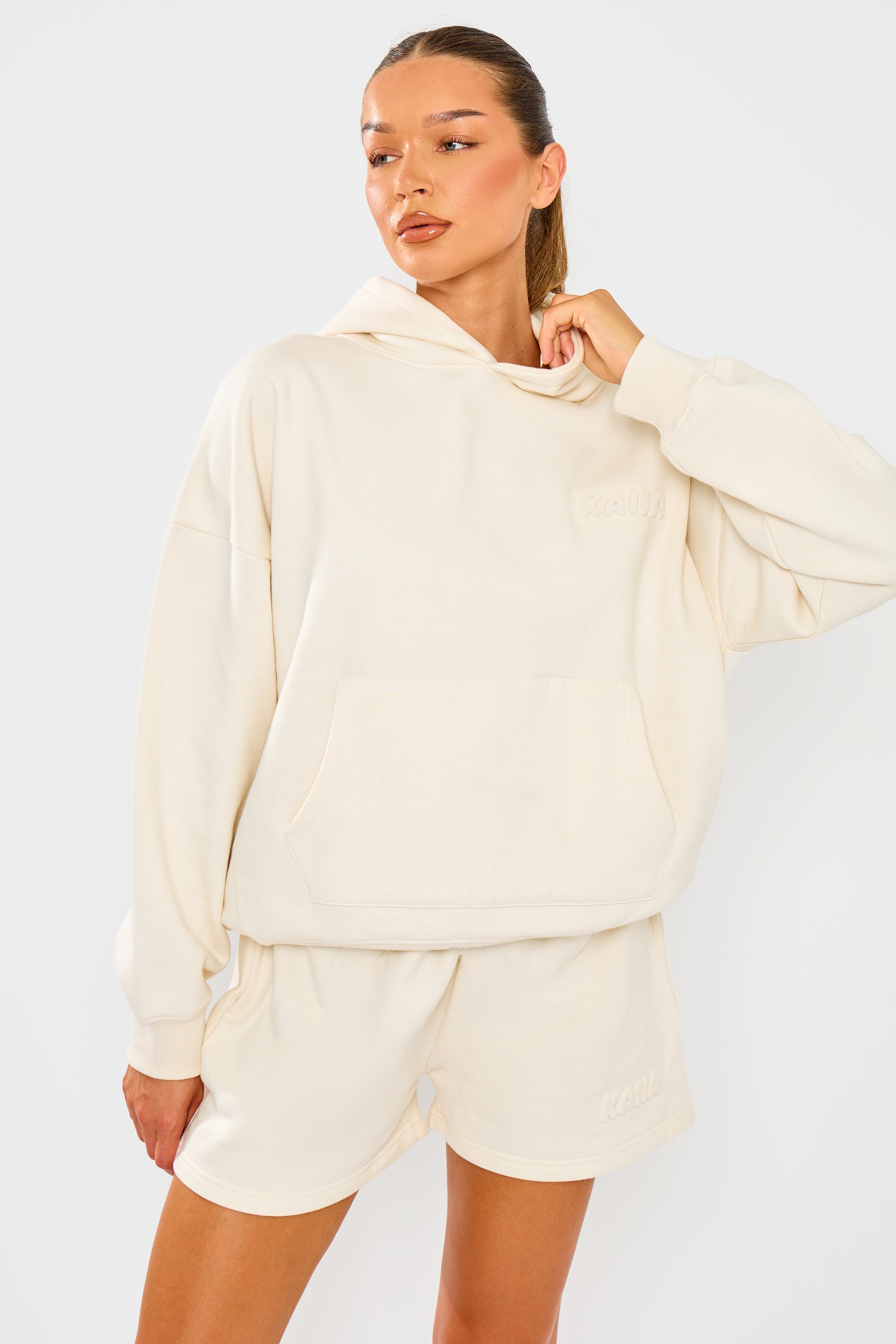 Kaiia Embossed Bubble Logo Oversized Hoodie Almond Milk