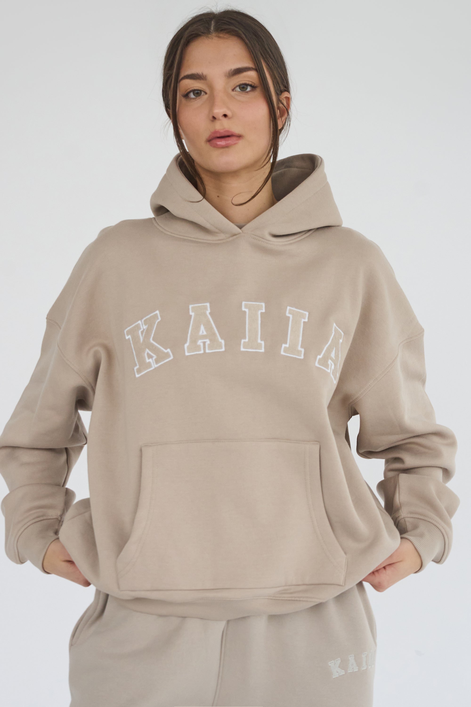 Kaiia Slogan Oversized Hoodie Stone