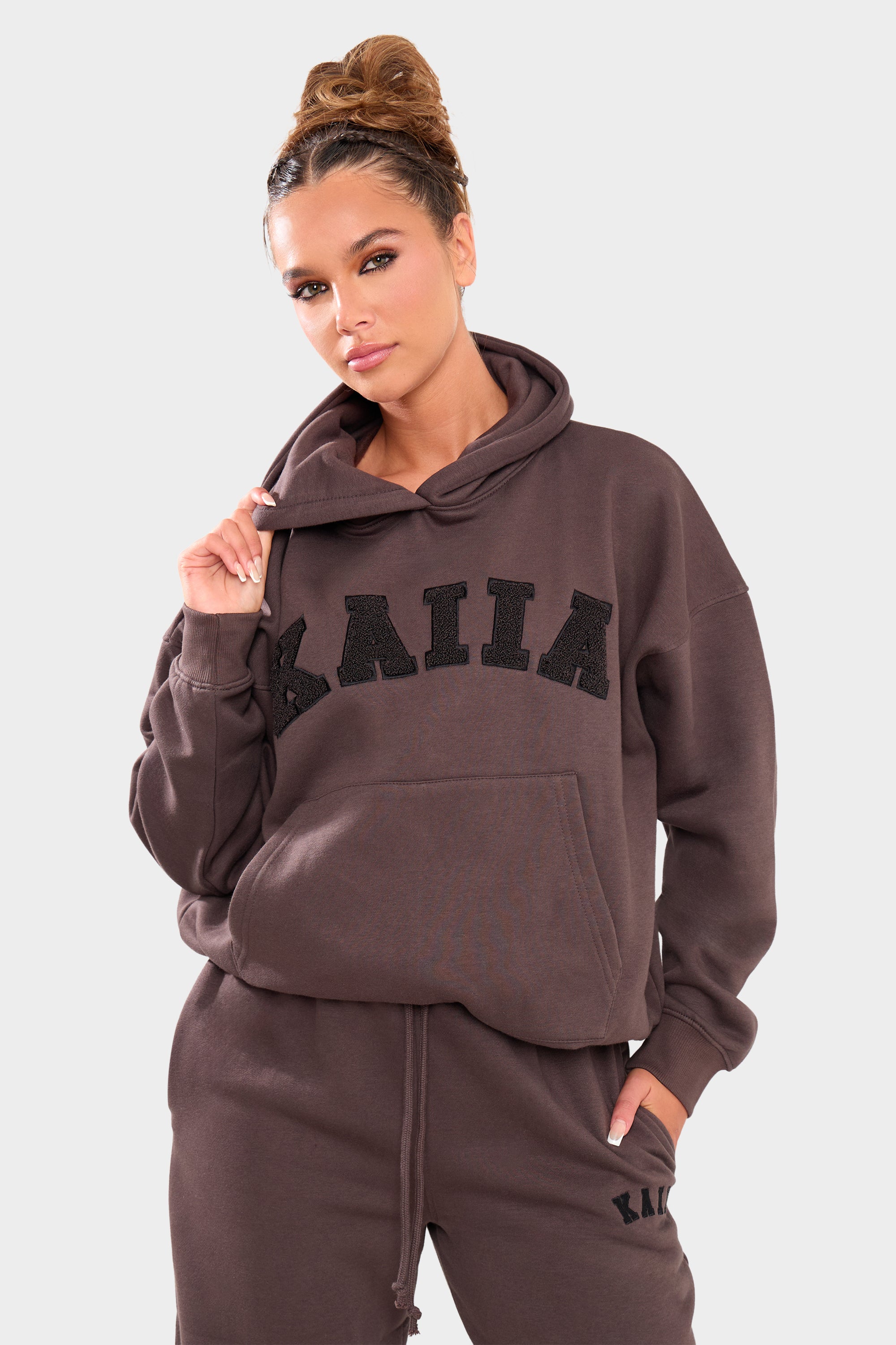 Kaiia Borg Slogan Oversized Hoodie Chocolate | Kaiia