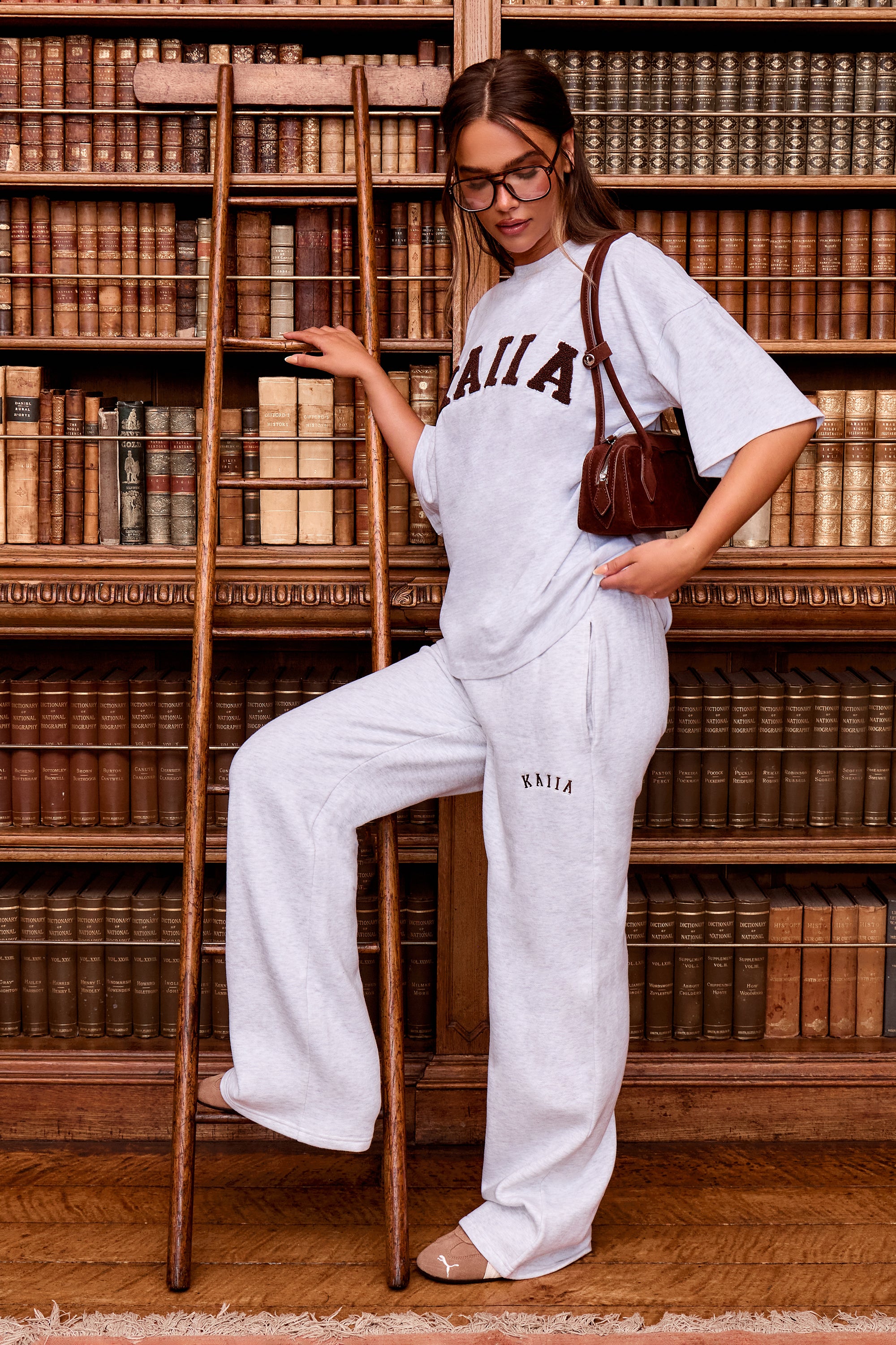 Kaiia Logo Wide Leg Joggers Light Grey Marl & Brown