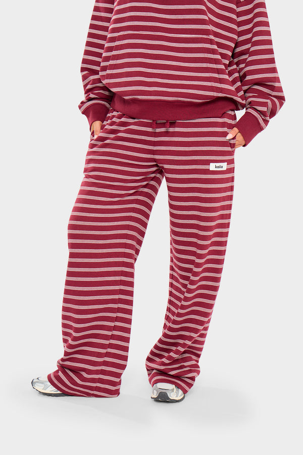 Kaiia Striped Wide Leg Joggers Burgundy & Cream