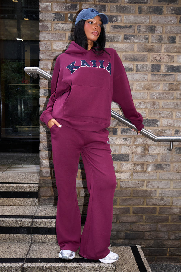 Kaiia Slogan Wide Leg Joggers Burgundy & Navy