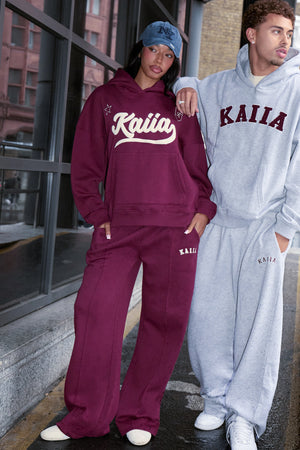 Kaiia Slogan Seam Detail Wide Leg Joggers Burgundy & Cream