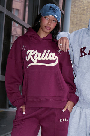 Kaiia Slogan Seam Detail Wide Leg Joggers Burgundy & Cream