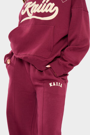 Kaiia Slogan Seam Detail Wide Leg Joggers Burgundy & Cream