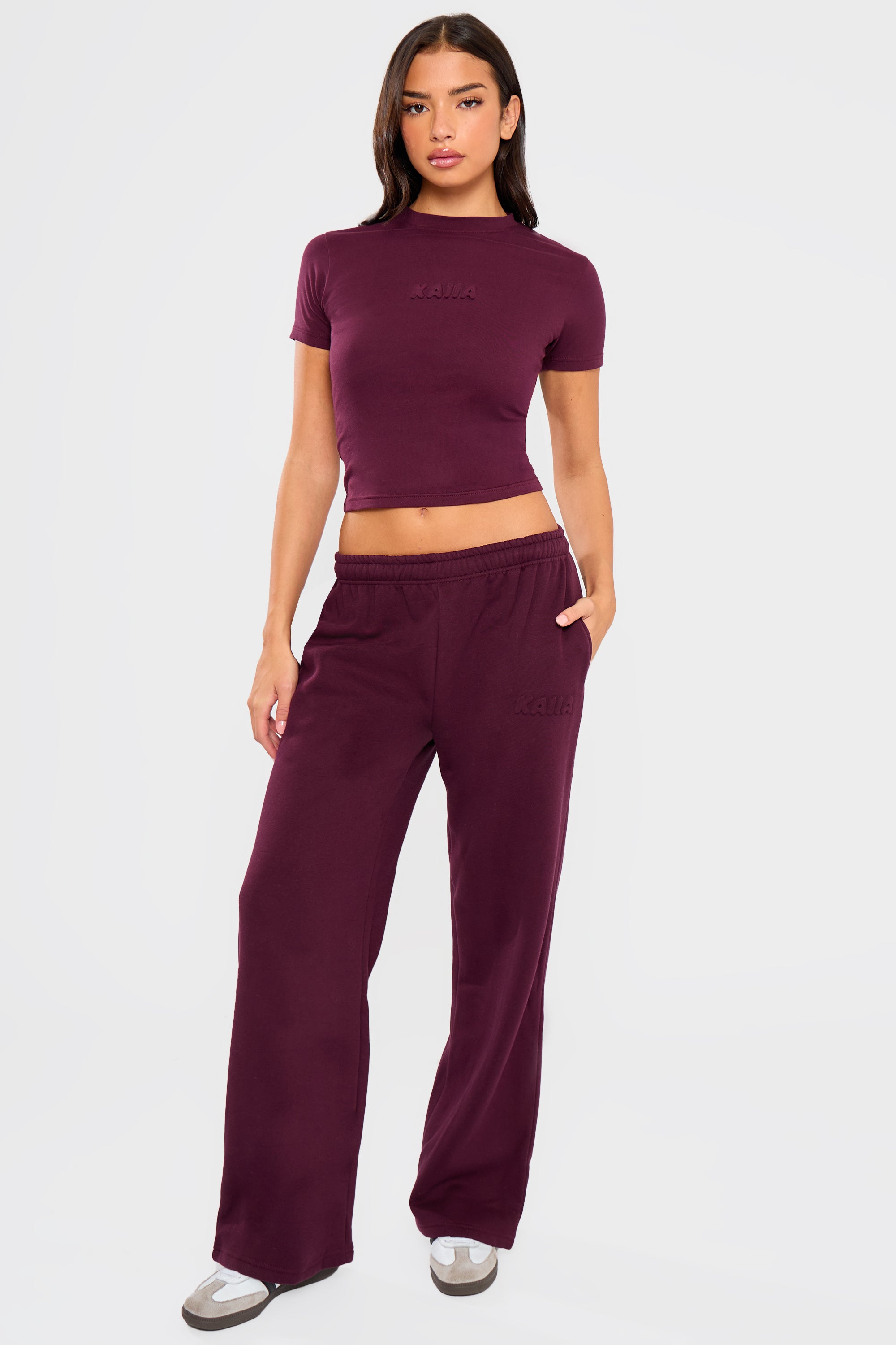 Kaiia Embossed Bubble Logo Wide Leg Joggers Deep Merlot Burgundy