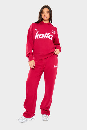 Kaiia Slogan Wide Leg Joggers Red & Baby Pink