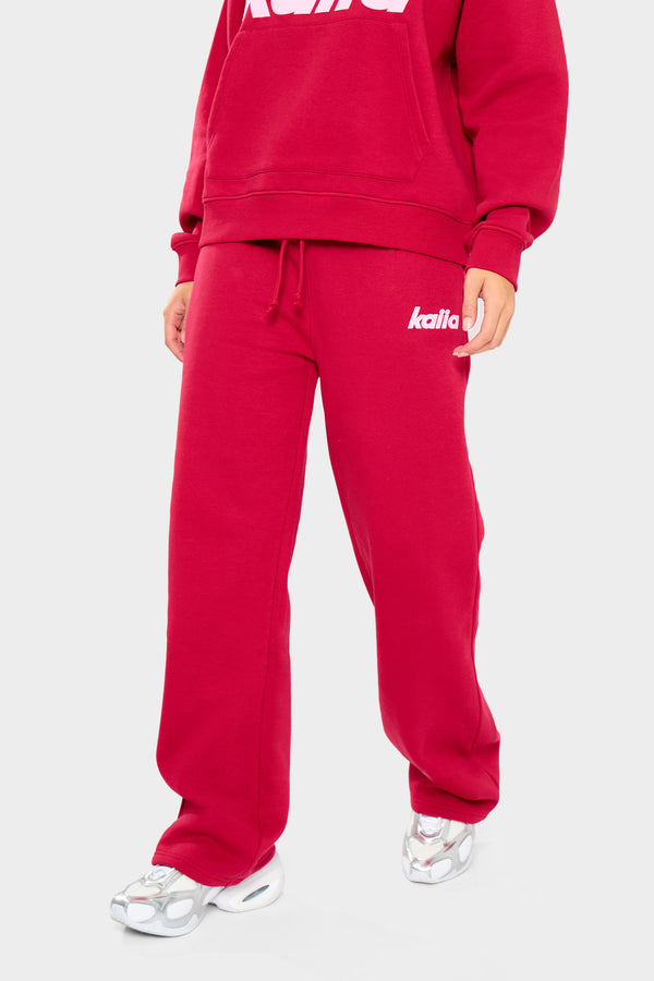 Kaiia Slogan Wide Leg Joggers Red & Baby Pink