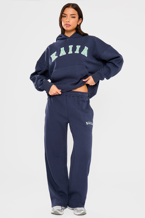 Kaiia Slogan Wide Leg Joggers Navy & Jade Green