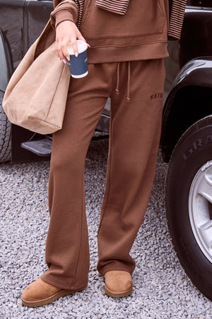 Kaiia Slogan Ribbed Waistband Straight Leg Joggers Coffee