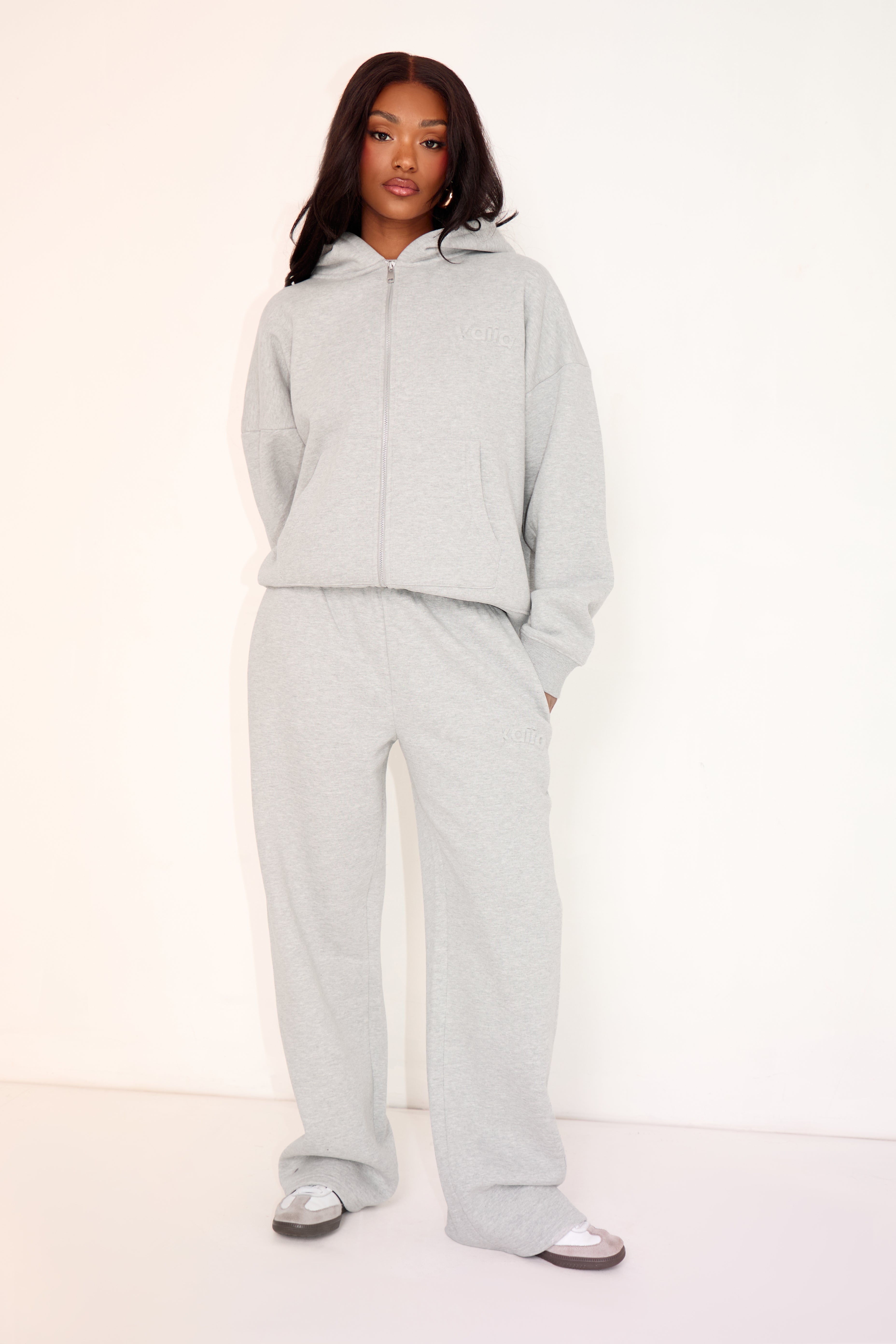 Kaiia Embossed Logo Wide Leg Joggers Mid Grey Marl