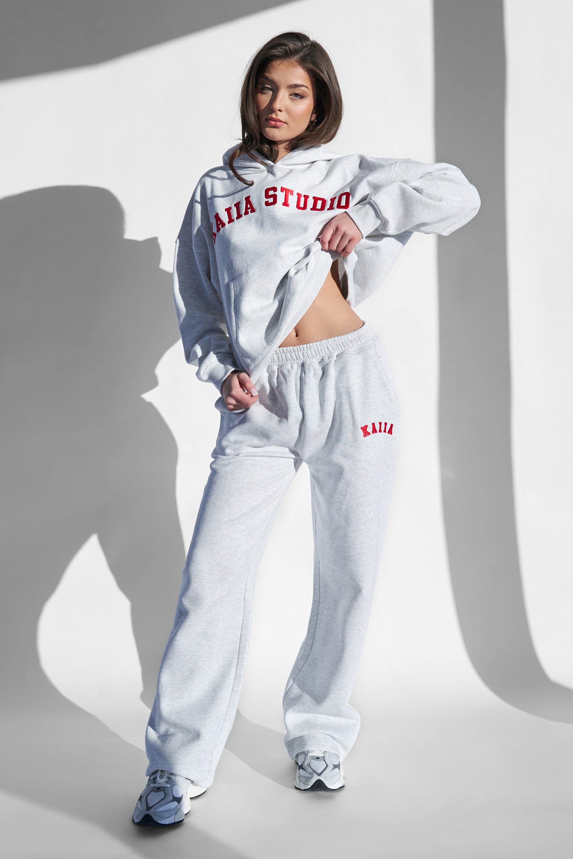 Kaiia Logo Wide Leg Joggers Light Grey Marl and Red