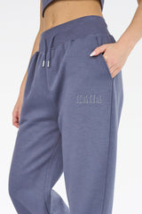 Kaiia Shadow Logo Ribbed Waistband Wide Leg Sweat Pants Slate Blue