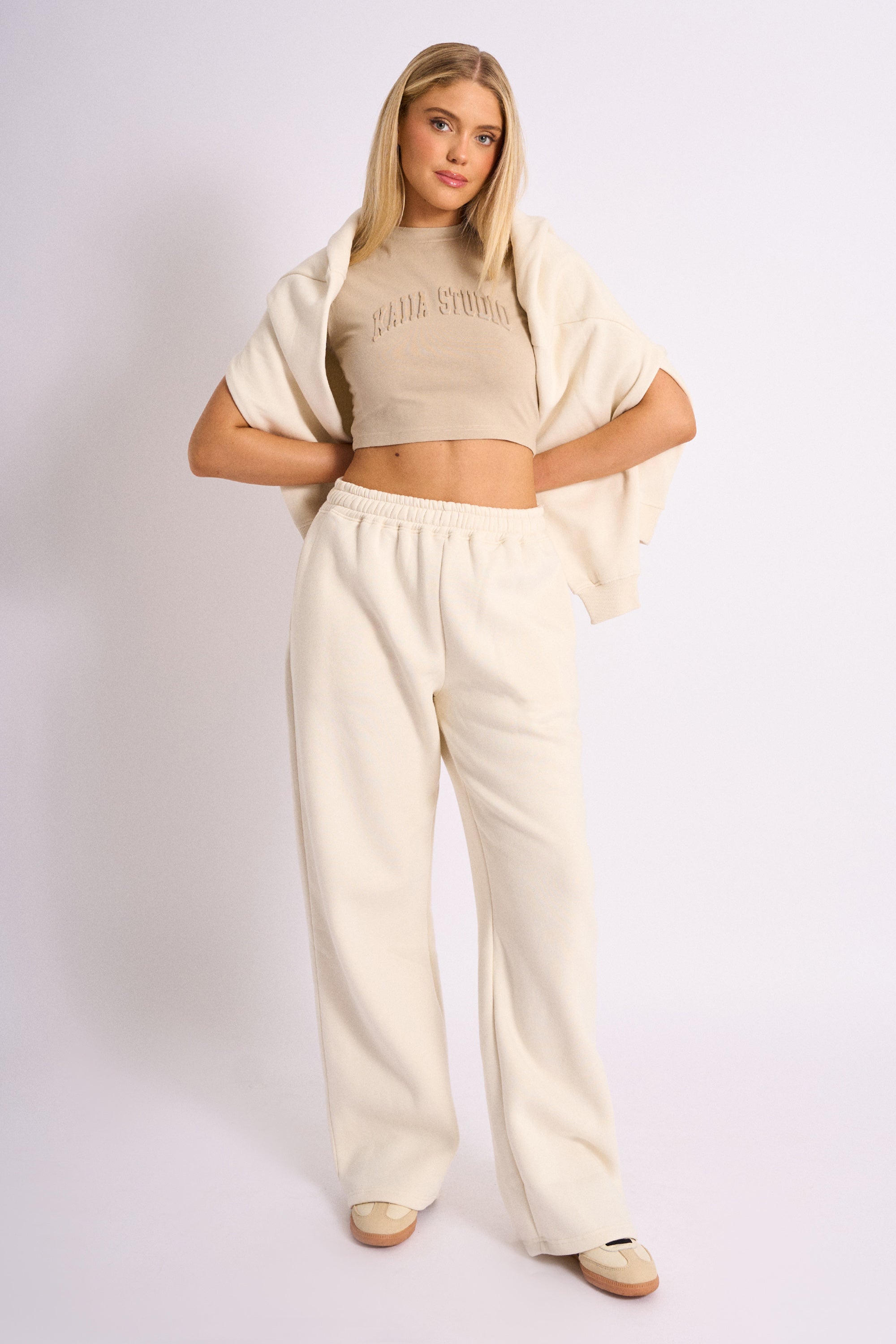 Kaiia Embossed Wide Leg Joggers Cream Kaiia