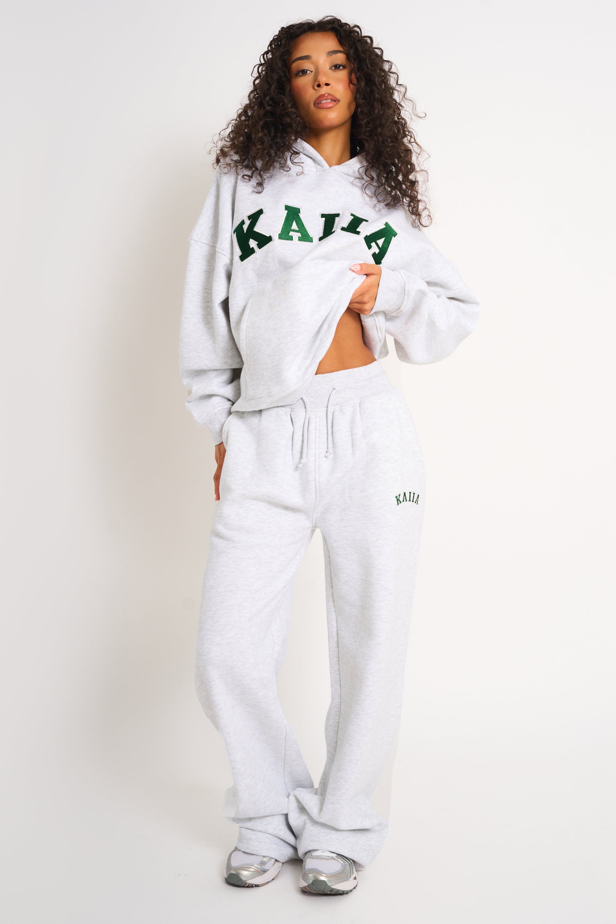 Kaiia Ribbed Waistband Wide Leg Joggers Light Grey Marl Kaiia