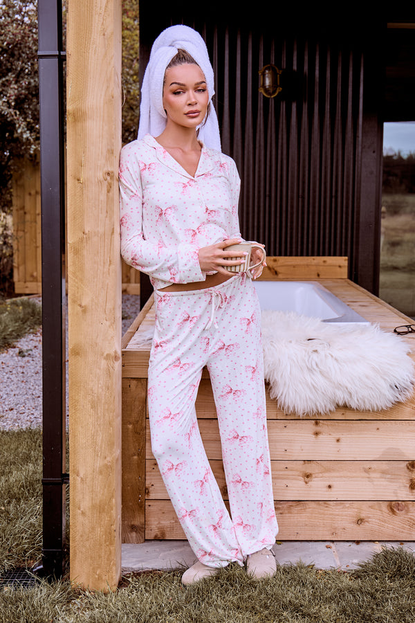 Kaiia Supersoft Polka Dot Bow Print Pyjama Trousers Cream & Pink