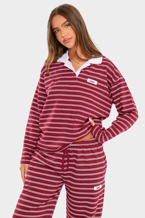 Kaiia Striped Oversized Rugby Shirt Burgundy & Cream