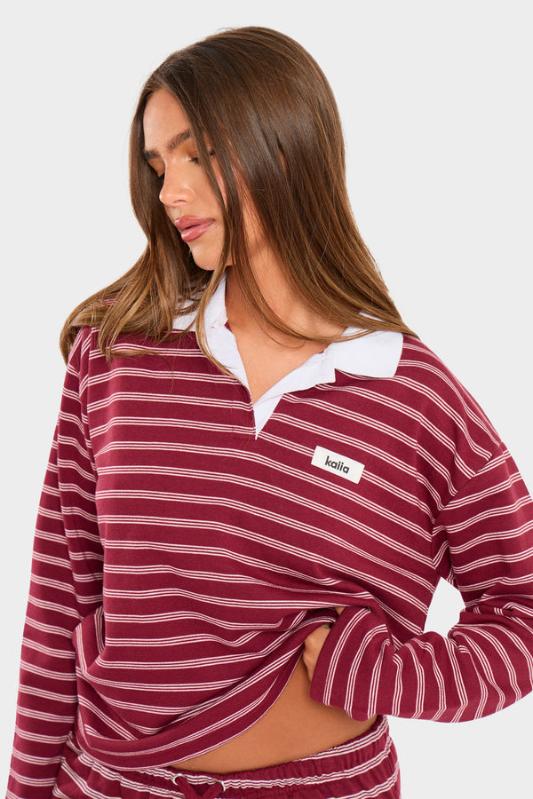 Kaiia Striped Oversized Rugby Shirt Burgundy & Cream