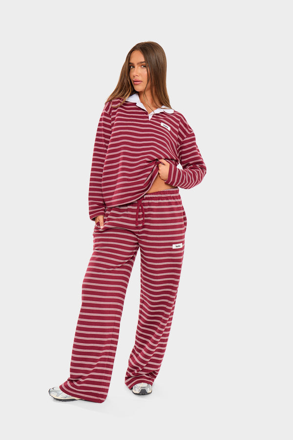 Kaiia Striped Oversized Rugby Shirt Burgundy & Cream