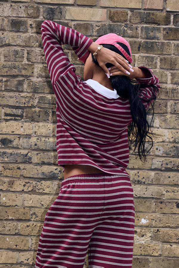Kaiia Striped Oversized Rugby Shirt Burgundy & Cream