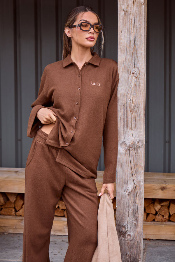 Kaiia Supersoft Button Down Shirt Coffee