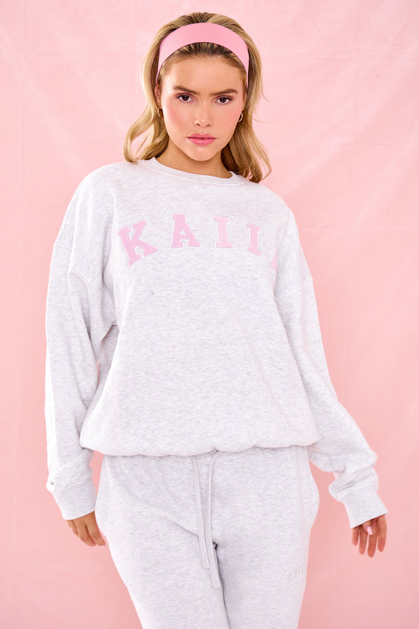 Kaiia Slogan Oversized Sweatshirt Grey Marl & Pink